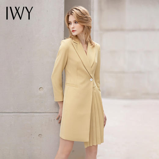IWY/播音主持艺考正装连衣裙女黄色气质百褶裙西装裙高端售楼部工作服Q11363 商品图0