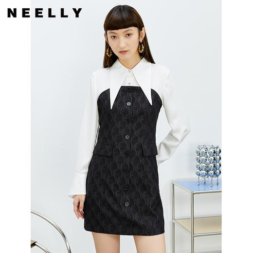 NEELLY纳俪商场同款春季连衣裙女尖尖领衬衫式拼接裙子收腰A字裙N22022Y01092 商品图0