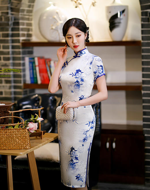 ZAYS- 82257春季中长改良丝绸提花旗袍日常修身复古气质短袖立领唐装旗袍 商品图2