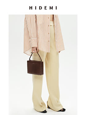 HIDEMI 显瘦高腰拉长感微阔腿宽松长裤 奶油黄/深棕