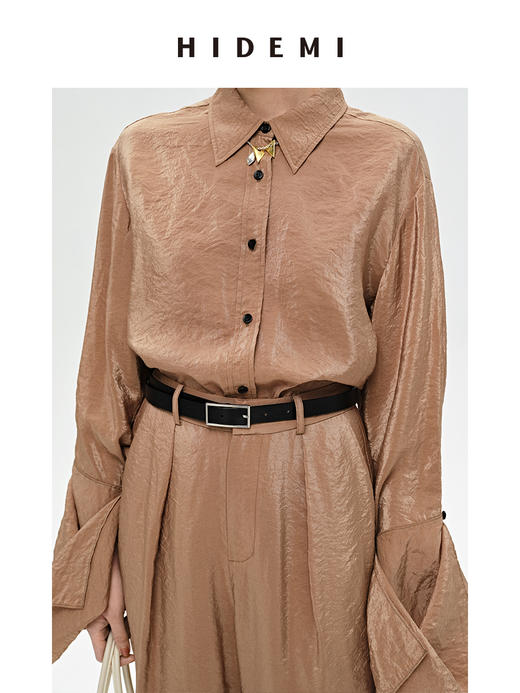 HIDEMI 【麦子同款】极简设计感花苞堆堆袖衬衫垂顺亲肤缎感衬衫套装  衬衫/长裤  乳白色/饼干色 商品图7