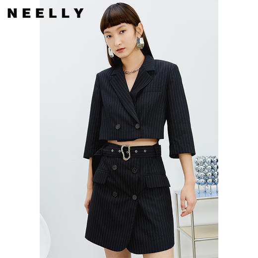 NEELLY纳俪气质条纹西装连衣裙女收腰系带A字裙露腰设计通勤春夏N22031Y01135 商品图2
