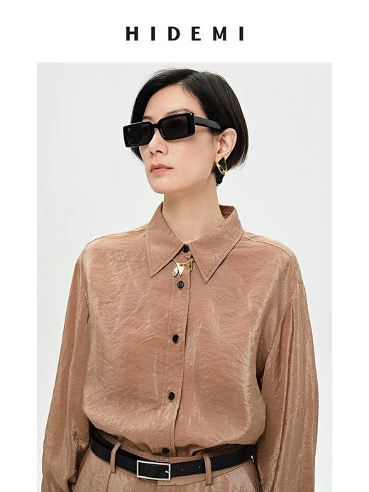 HIDEMI 【麦子同款】极简设计感花苞堆堆袖衬衫垂顺亲肤缎感衬衫套装  衬衫/长裤  乳白色/饼干色 商品图6