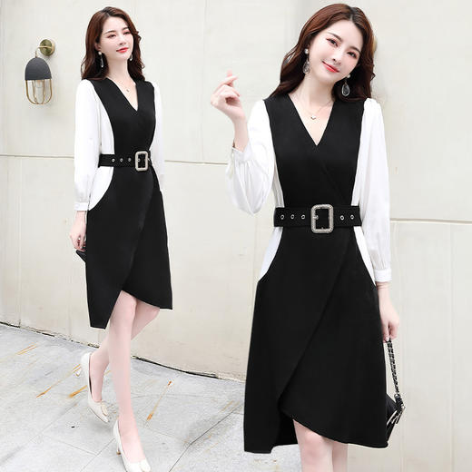 新款优雅修身韩版时尚V领设计拼色中长款连衣裙  HR-WY60659 商品图1