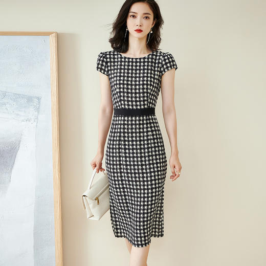米思阳2026夏季新款裙子薄款千鸟格100%桑蚕丝真丝侧开叉连衣裙1417 商品图1