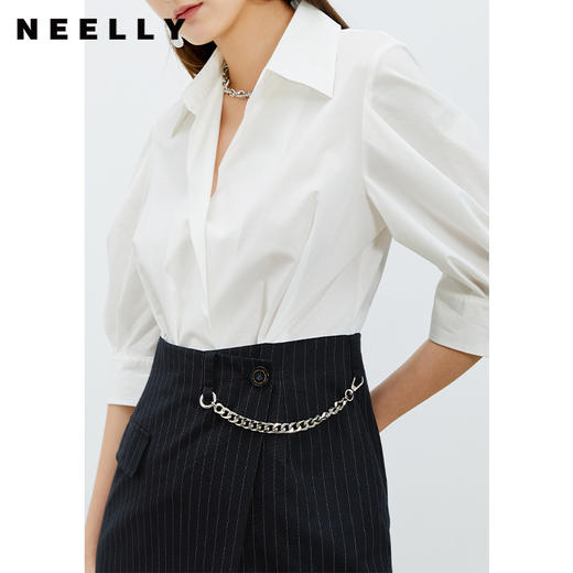 NEELLY纳俪白衬衫拼接连衣裙女中长款小个子气质泡泡袖单排扣上衣N22031Y01134 商品图1
