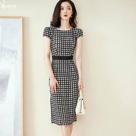 米思阳2026夏季新款裙子薄款千鸟格100%桑蚕丝真丝侧开叉连衣裙1417