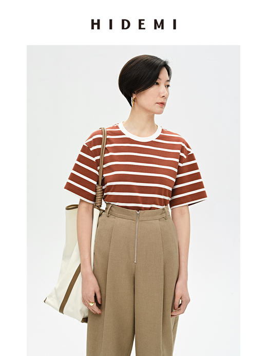 HIDEMI 条纹高密棉圆领亲肤百搭廓形T恤 黑白条纹/蓝白条纹/棕白条纹 商品图3
