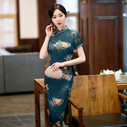 ZAYS-82256春夏中长花罗印花旗袍日常修身复古显瘦气质时尚宴会礼服旗袍 商品图0