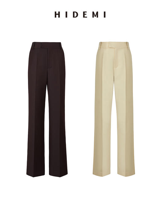HIDEMI 显瘦高腰拉长感微阔腿宽松长裤 奶油黄/深棕 商品图1