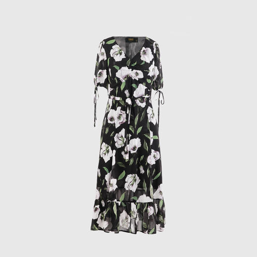 领抽绳袖镂空贴蕾丝大摆连衣裙 商品图0