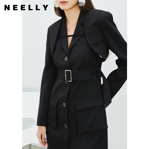 NEELLY纳俪西装连衣裙女中长款单排扣收腰A字裙气质通勤A字裙个性N22031Y01138 商品图1