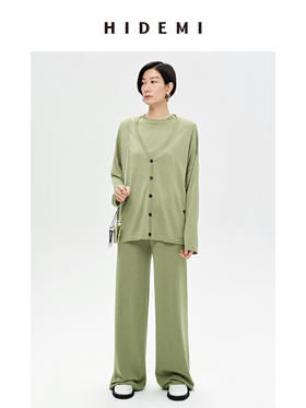HIDEMI 真丝羊毛超细针织呼吸透感亲肤柔软套装 开衫/空气阔腿裤