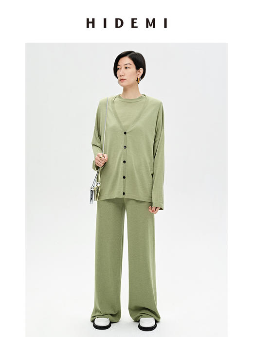 HIDEMI 真丝羊毛超细针织呼吸透感亲肤柔软套装 开衫/空气阔腿裤 商品图0