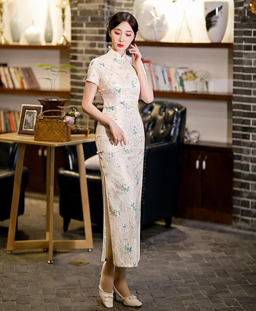 ZAYS- 5108春季改良蕾丝复古长款旗袍日常修身年轻时尚短袖旗袍 商品图4