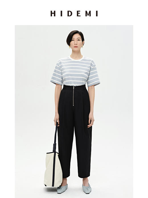 HIDEMI 条纹高密棉圆领亲肤百搭廓形T恤 黑白条纹/蓝白条纹/棕白条纹 商品图6