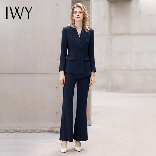 IWY/藏青色阔腿裤职业套装女双排扣修身西服工装气质英伦风面试正装OL C11358+P30358 商品图0