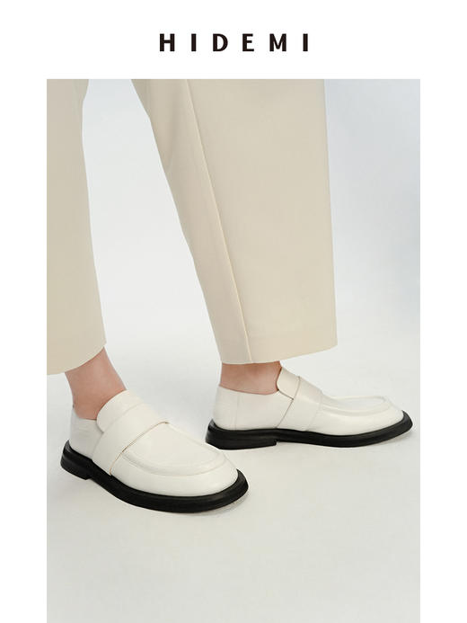 HIDEMI 简约设计感牛皮一脚蹬式厚底圆头皮鞋 黑色/白色 商品图6