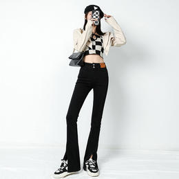 LG-牛仔裤高品质牛仔裤女2022春韩版弹力高腰复古微喇叭开叉抖音新款拖地裤 商品图2