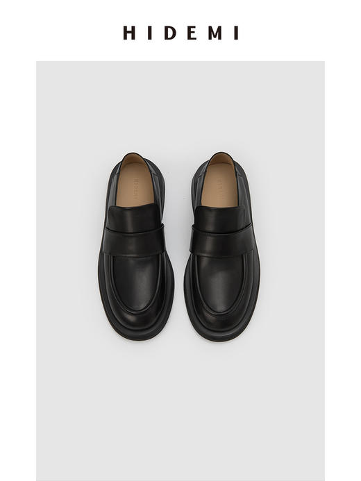 HIDEMI 简约设计感牛皮一脚蹬式厚底圆头皮鞋 黑色/白色 商品图8