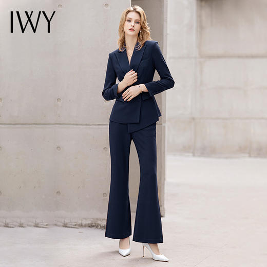 IWY/藏青色阔腿裤职业套装女双排扣修身西服工装气质英伦风面试正装OL C11358+P30358 商品图2