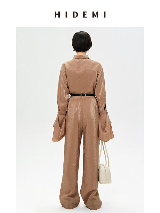 HIDEMI 【麦子同款】极简设计感花苞堆堆袖衬衫垂顺亲肤缎感衬衫套装  衬衫/长裤  乳白色/饼干色 商品图8