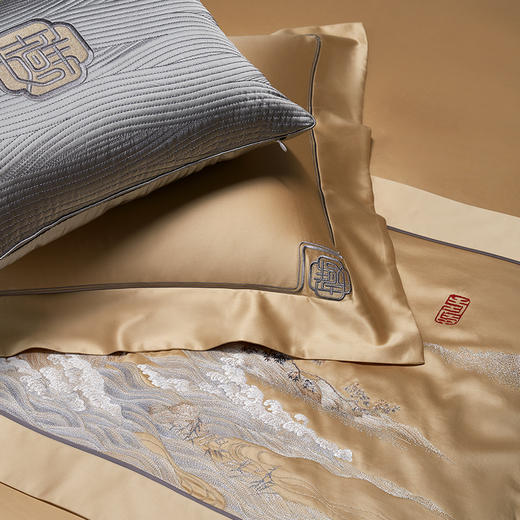 【6F】堂皇 140s全棉刺绣套件 山水雅集-金色 买就送价值1800元山水雅集床旗1条！ 商品图2