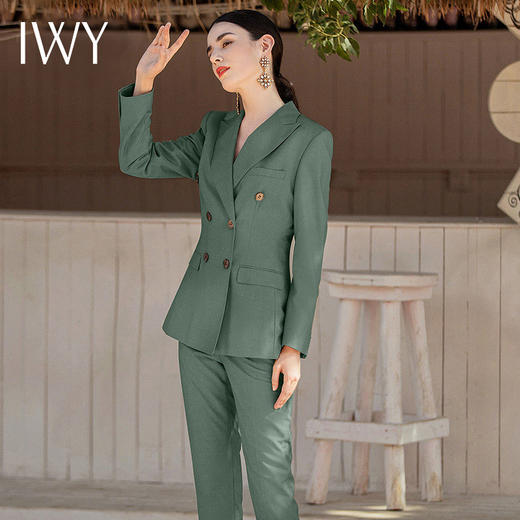 IWY/绿色双排扣显瘦西装套装女2022新款上班面试工作服商务工作服正装CP1522- 商品图2