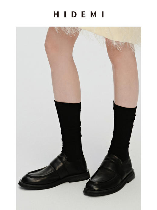HIDEMI 简约设计感牛皮一脚蹬式厚底圆头皮鞋 黑色/白色 商品图2