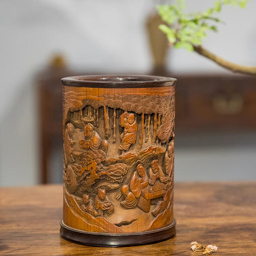 清 竹雕竹林七贤笔筒（红木口底） 商品图0