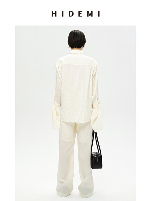 HIDEMI 【麦子同款】极简设计感花苞堆堆袖衬衫垂顺亲肤缎感衬衫套装  衬衫/长裤  乳白色/饼干色 商品图12
