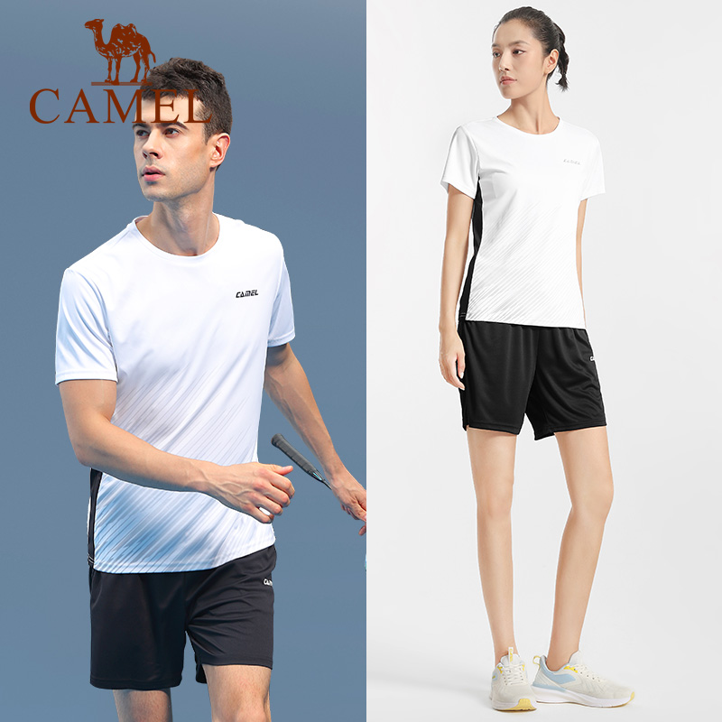 骆驼羽毛球服女夏季新款时尚短袖防晒服速干透气运动套装T恤短裤男 Y1S1TF652_Y1S2TF653