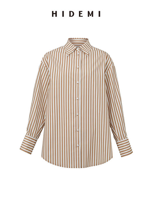 HIDEMI 极简设计感暖橘色条纹休闲经典款廓形高支棉衬衫 商品图8