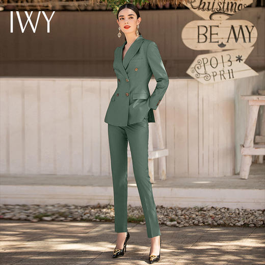 IWY/绿色双排扣显瘦西装套装女2022新款上班面试工作服商务工作服正装CP1522- 商品图0