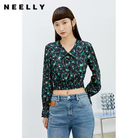 NEELLY纳俪商场同款碎花衬衫女气质小翻领短款收腰小衫喇叭袖春夏N22031R01121