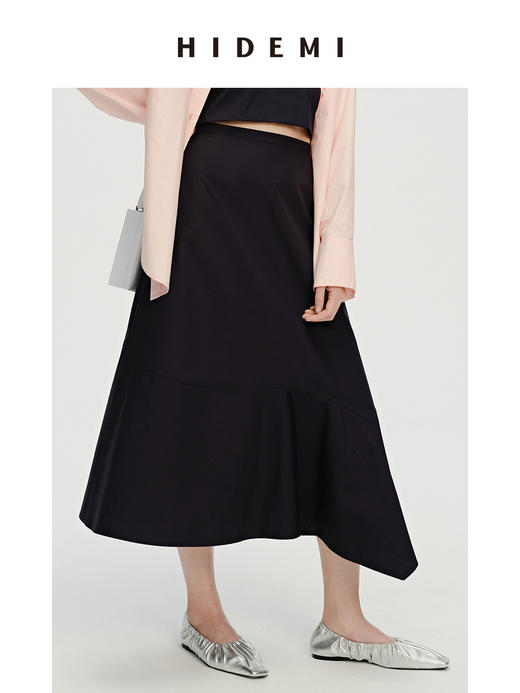 HIDEMI 藏蓝色简约不对称设计感鱼尾式拼接立体剪裁半身裙 商品图8