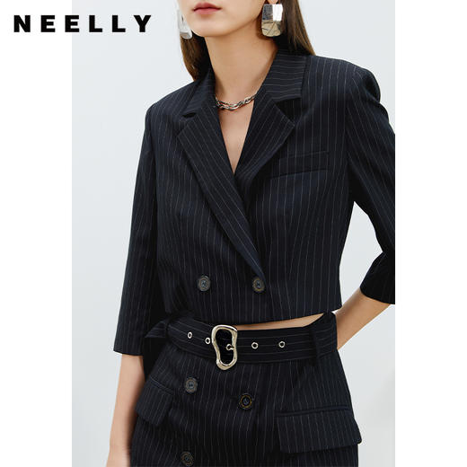 NEELLY纳俪气质条纹西装连衣裙女收腰系带A字裙露腰设计通勤春夏N22031Y01135 商品图1