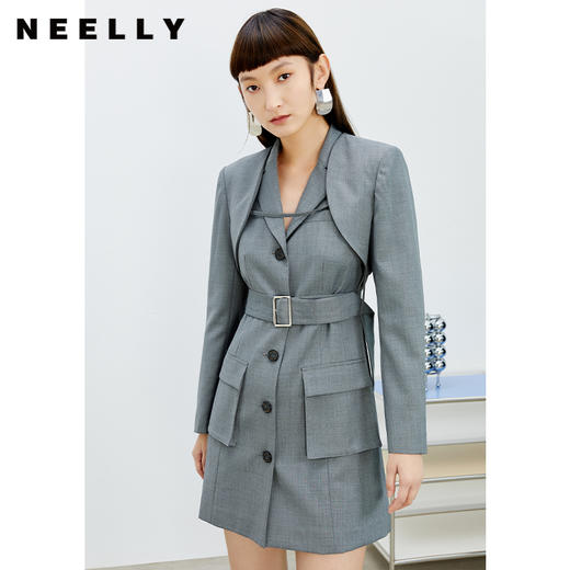 NEELLY纳俪西装连衣裙女中长款单排扣收腰A字裙气质通勤A字裙个性N22031Y01138 商品图2