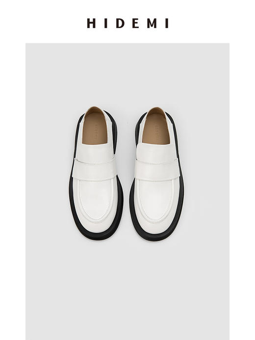 HIDEMI 简约设计感牛皮一脚蹬式厚底圆头皮鞋 黑色/白色 商品图9