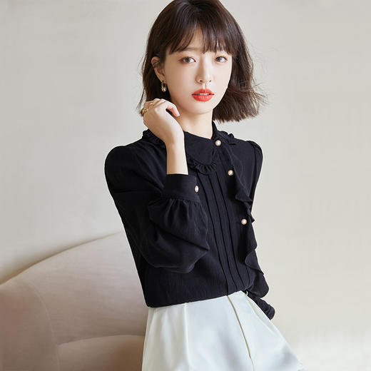 早春新款2022年白色蕾丝木耳边衬衫女高级感别致漂亮小衫法式立领 NSM1800 商品图1