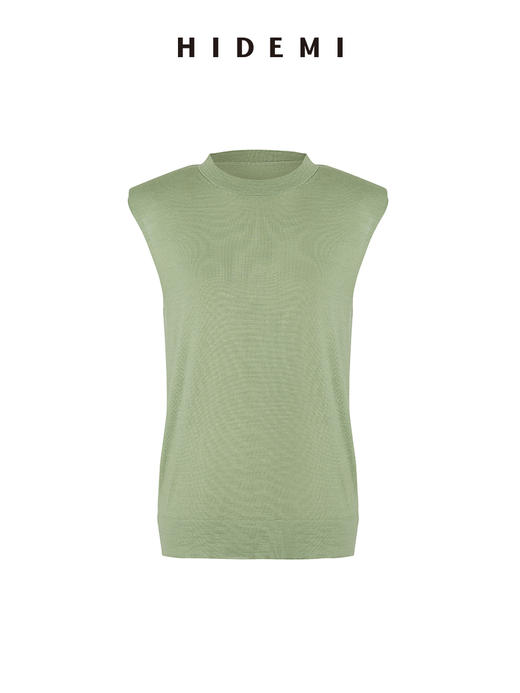 HIDEMI 真丝羊毛超细针织呼吸透感亲肤垫肩圆领无袖上衣 商品图11