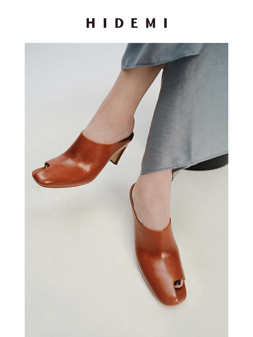 HIDEMI 极简露趾设计感牛皮流线型高跟鞋 白色/焦糖色 商品图8