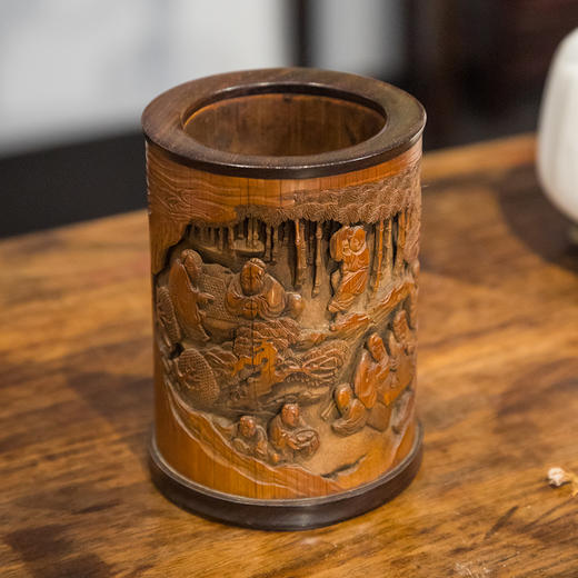 清 竹雕竹林七贤笔筒（红木口底） 商品图2