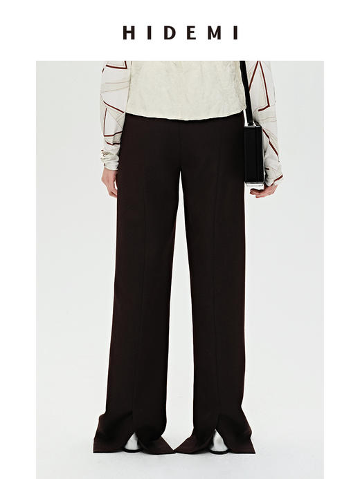 HIDEMI 显瘦高腰拉长感微阔腿宽松长裤 奶油黄/深棕 商品图4