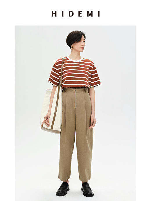 HIDEMI 条纹高密棉圆领亲肤百搭廓形T恤 黑白条纹/蓝白条纹/棕白条纹 商品图2