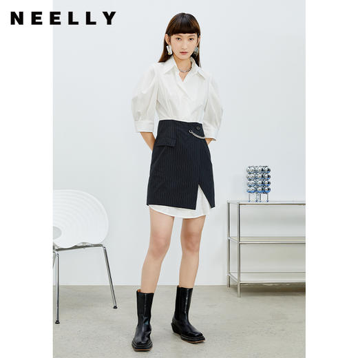 NEELLY纳俪白衬衫拼接连衣裙女中长款小个子气质泡泡袖单排扣上衣N22031Y01134 商品图3