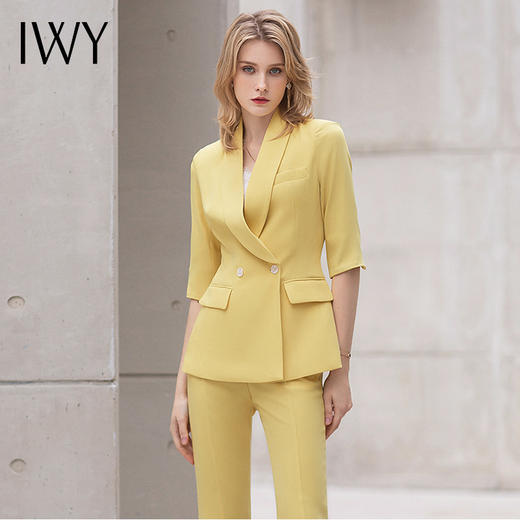 IWY/气质黄色七分袖西装套装女2022春夏新款阔腿裤职业装美容院工作服C10226+P30226 商品图4