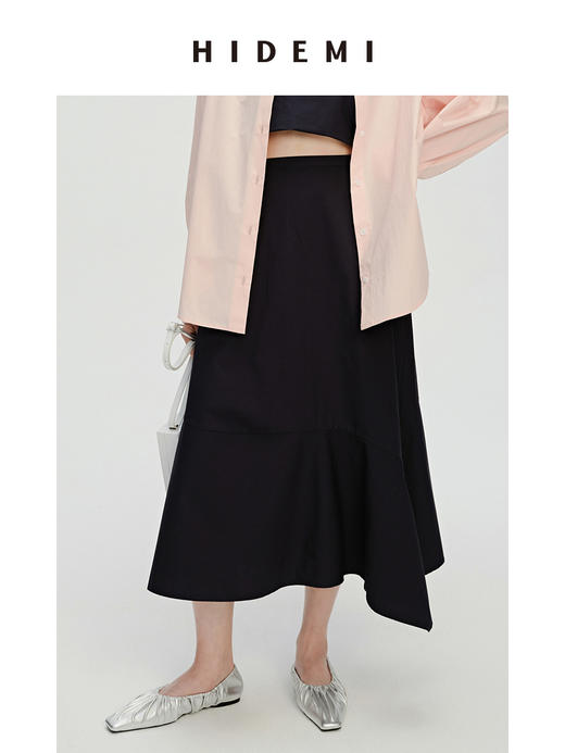 HIDEMI 藏蓝色简约不对称设计感鱼尾式拼接立体剪裁半身裙 商品图9