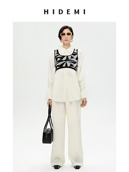 HIDEMI 【麦子同款】极简设计感花苞堆堆袖衬衫垂顺亲肤缎感衬衫套装  衬衫/长裤  乳白色/饼干色 商品图13
