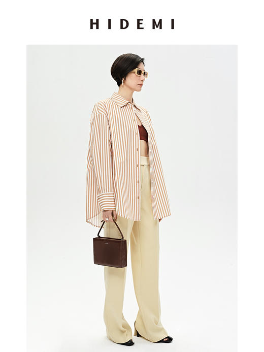 HIDEMI 极简设计感暖橘色条纹休闲经典款廓形高支棉衬衫 商品图5